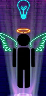 Neon angel with wings and halo on dark brick background.