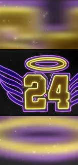 Neon number 24 with wings and halo in purple and gold glow.