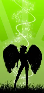 Neon green angel silhouette with sparkling wings