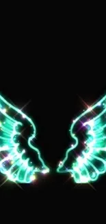 Glowing turquoise angel wings on a black backdrop.