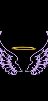 Neon purple angel wings with golden halo on black background.