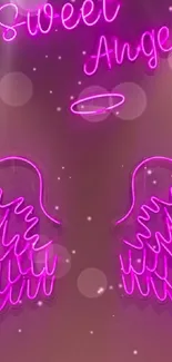 Neon pink angel wings with halo on wallpaper.