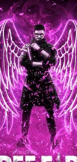 Mobile wallpaper featuring neon purple angel wings with a dark background.