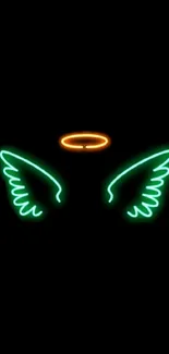 Neon green wings with an orange halo on black background.