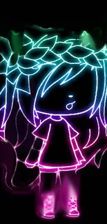 Neon anime character on black background glowing vibrantly.