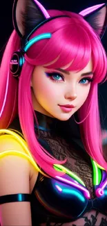 Anime character with neon lights and pink hair in vibrant wallpaper.