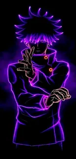 Neon anime figure with glowing purple outline on dark background.