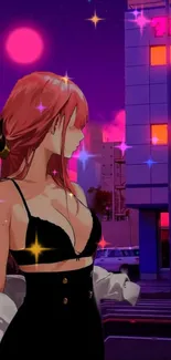 Anime character in neon-lit cityscape at night.