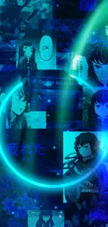 Neon anime collage wallpaper with teal and blue hues, featuring dynamic artwork.