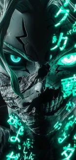 Anime character with glowing turquoise accents in a dark aesthetic wallpaper.