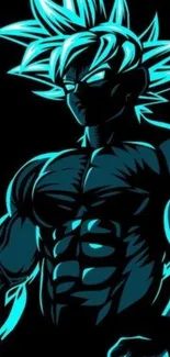 Neon blue anime fighter silhouette on a black background.