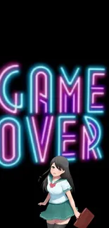 Vibrant neon 'Game Over' text with anime character on black background.