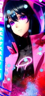 Anime girl in neon pink and purple, futuristic style.