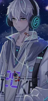 Anime character with headphones in a neon night cityscape.