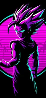 Stylized neon anime hero against vibrant magenta background.