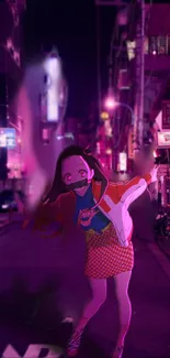 Anime character in neon-lit street wallpaper.