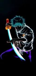 Neon anime swordfighter on black background, glowing with vibrant colors.