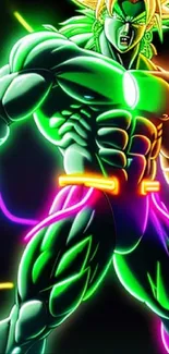 A vibrant neon anime warrior set against a dynamic colorful background.