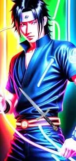 Anime character in neon lights with a sword, in vibrant, dynamic colors.