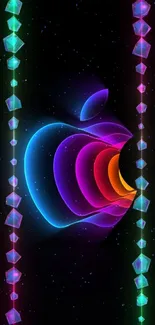 Neon Apple logo on a black background, perfect for mobile wallpaper.