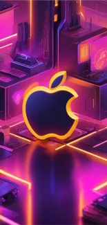 Neon-themed wallpaper with glowing Apple logo in vibrant colors.