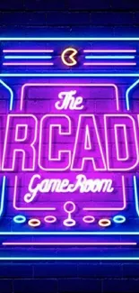 Neon arcade game room sign wallpaper with vibrant colors.