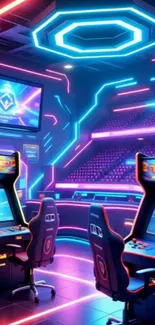 Neon arcade gaming setup with vibrant lights.