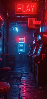 Neon-lit arcade with vintage gaming machines and vibrant colors.