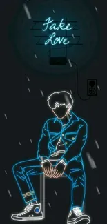 Neon art mobile wallpaper featuring 'Fake Love' text and seated figure.