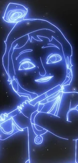 Neon outline of Krishna with a blue cosmic background.