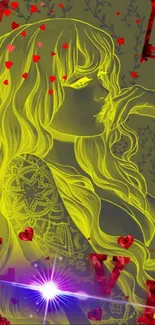 Neon art wallpaper of a woman with love symbols.