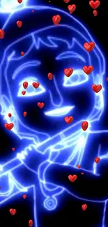 Neon blue character with red hearts on a dark background.