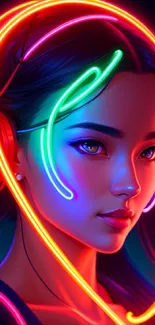 Futuristic neon art portrait with glowing headphones.