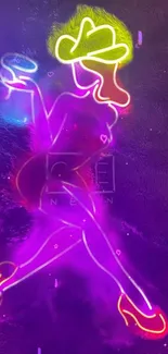 Neon silhouette of a woman in vibrant colors set against a purple background.