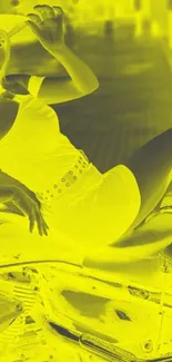 Neon yellow artistic wallpaper featuring a figure on a motorcycle.