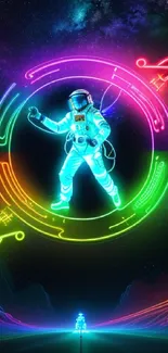 Neon astronaut in a vibrant space-themed mobile wallpaper.