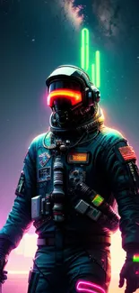 Neon astronaut in a futuristic landscape with vibrant colors.