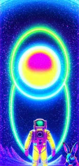 Neon artwork of an astronaut gazing at a vibrant, glowing planet in space.