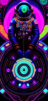 Neon astronaut surrounded by vibrant cosmic designs on a mobile wallpaper.