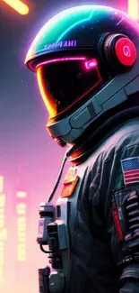 Neon astronaut against futuristic cityscape.