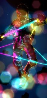 Neon astronaut with a cosmic backdrop and glowing effects.