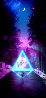 Neon-lit astronaut in a dreamy, cosmic landscape with a glowing triangle.