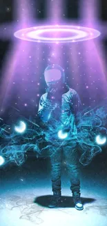 Neon astronaut under a UFO light with ethereal smoke in a dark dreamscape.