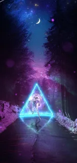 Neon-lit astronaut walking in a mystical cosmic landscape.