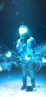 Neon astronaut with glowing orbs in surreal cosmic scene.