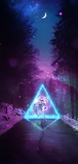 Neon-lit astronaut in a cosmic forest with a glowing triangle and starry sky.