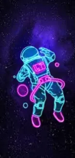 Neon astronaut floating in a vivid purple galactic background.