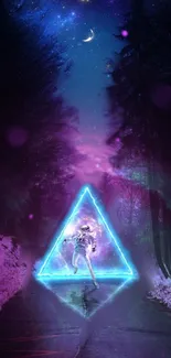 Neon astronaut with glowing triangle in purple cosmic forest.