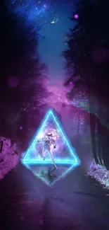 Neon-lit astronaut stepping through a glowing triangle in a cosmic forest scene.