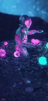 Neon astronaut surrounded by glowing planets in space.